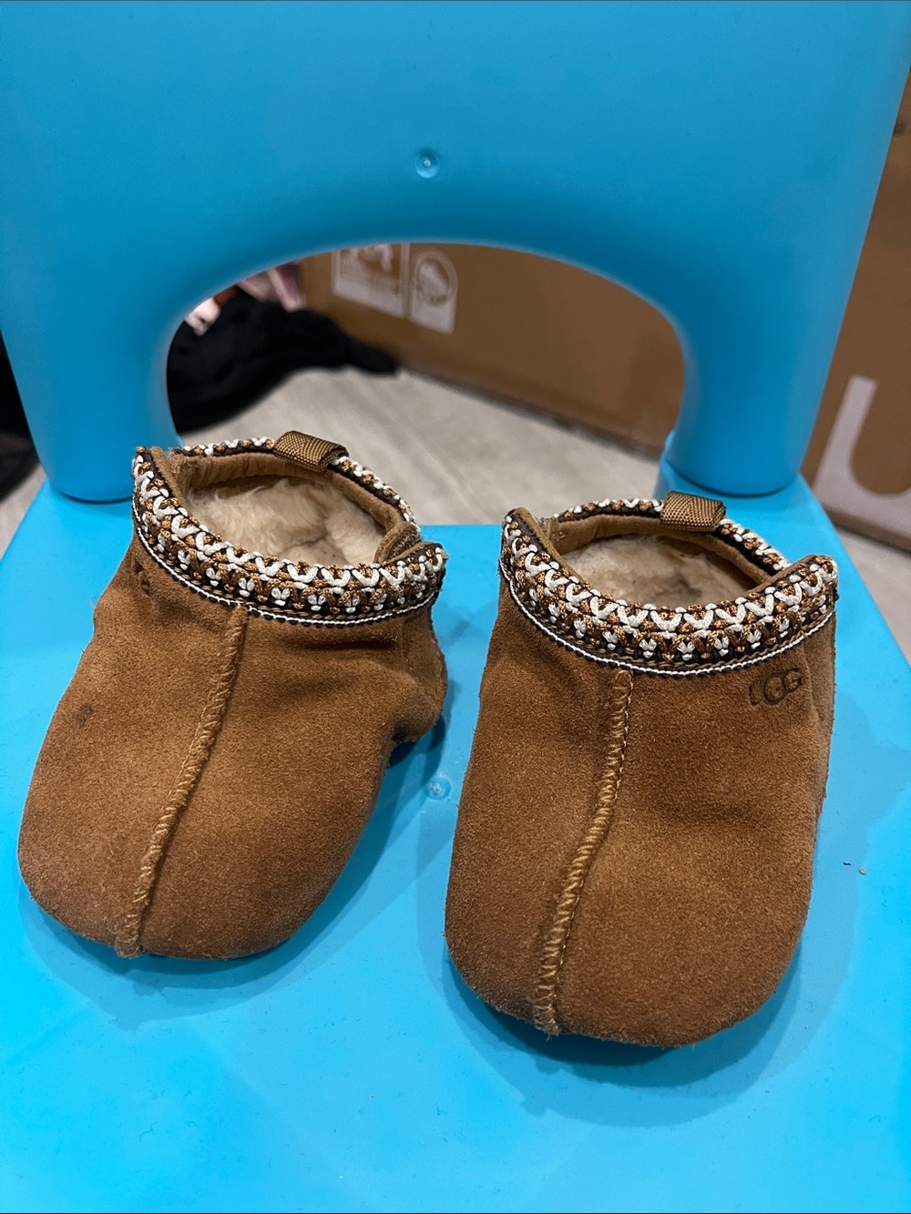 UGG Brown Suede Baby Moccasin Booties with Shearling Trim